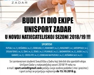 Budi i ti dio ekipe „UniSport Zadar“  u natjecateljskoj sezoni 2018./19.